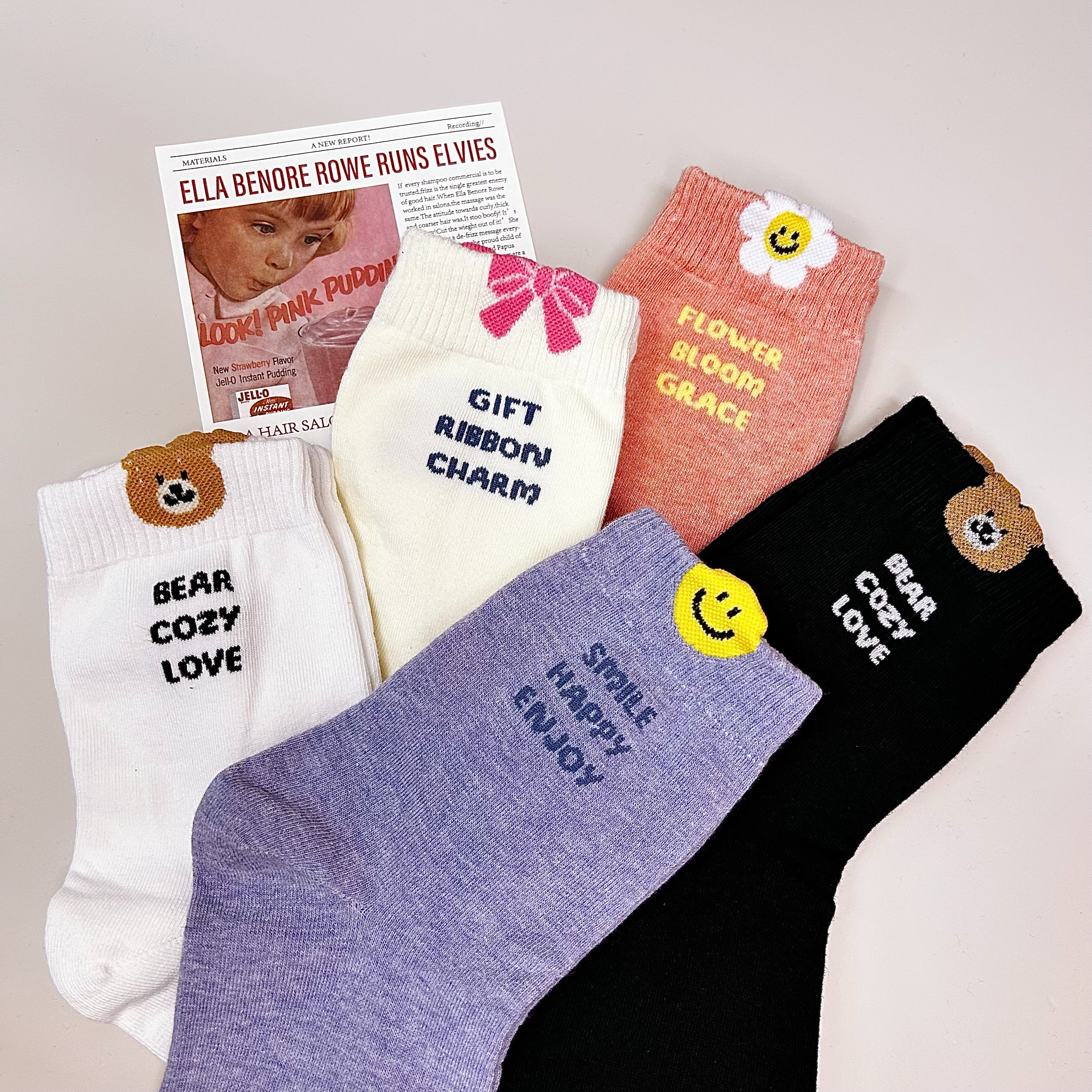 버닛 볼록 레터링 패션 양말 국산 중목 예쁜 캐주얼 아이콘 선물 데일리삭스 - 이미지 5